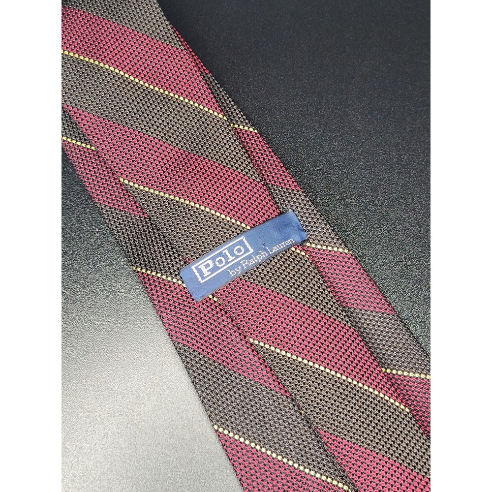 Vintage Polo Ralph Lauren Silk Tie Burgundy Grey Stripe USA 4 Inch Wide